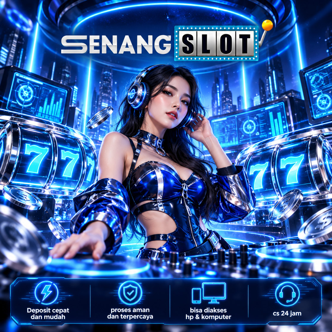 Poster SENANGSLOT: penampil musik futuristis di antara layar cahaya biru