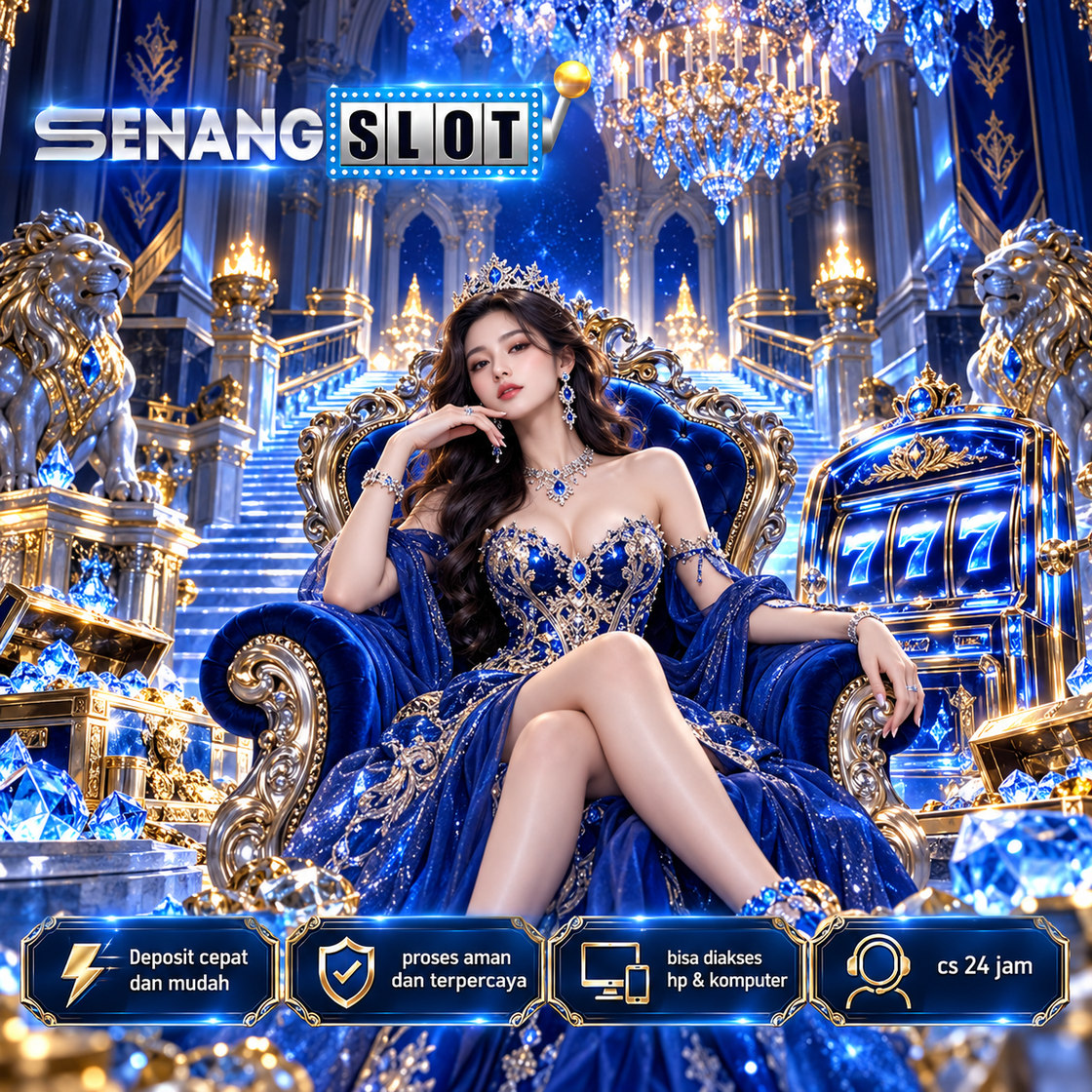 Poster SENANGSLOT: ilustrasi istana biru dengan singgasana dan elemen berkilau